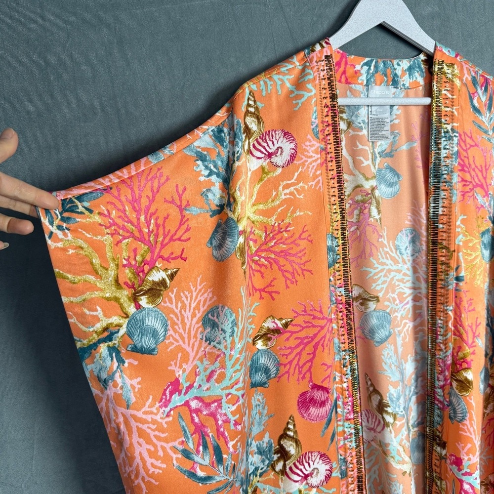 Chicos Open Kimono Slip Orange L/XL Seashell Print Beaded Bright Vacation Beach - Picture 7 of 16